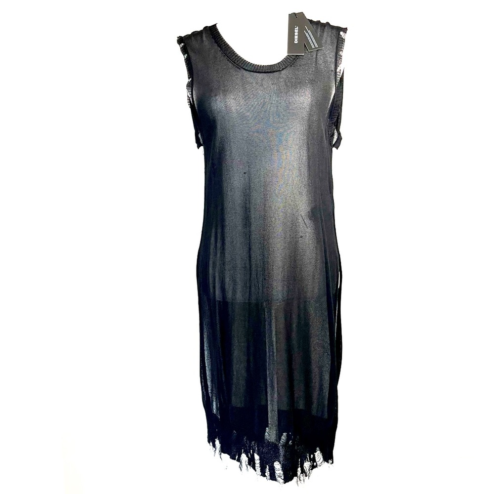 NWT Diesel Designer Black Sheer Knit Long Vest with Raw Edge Hemline